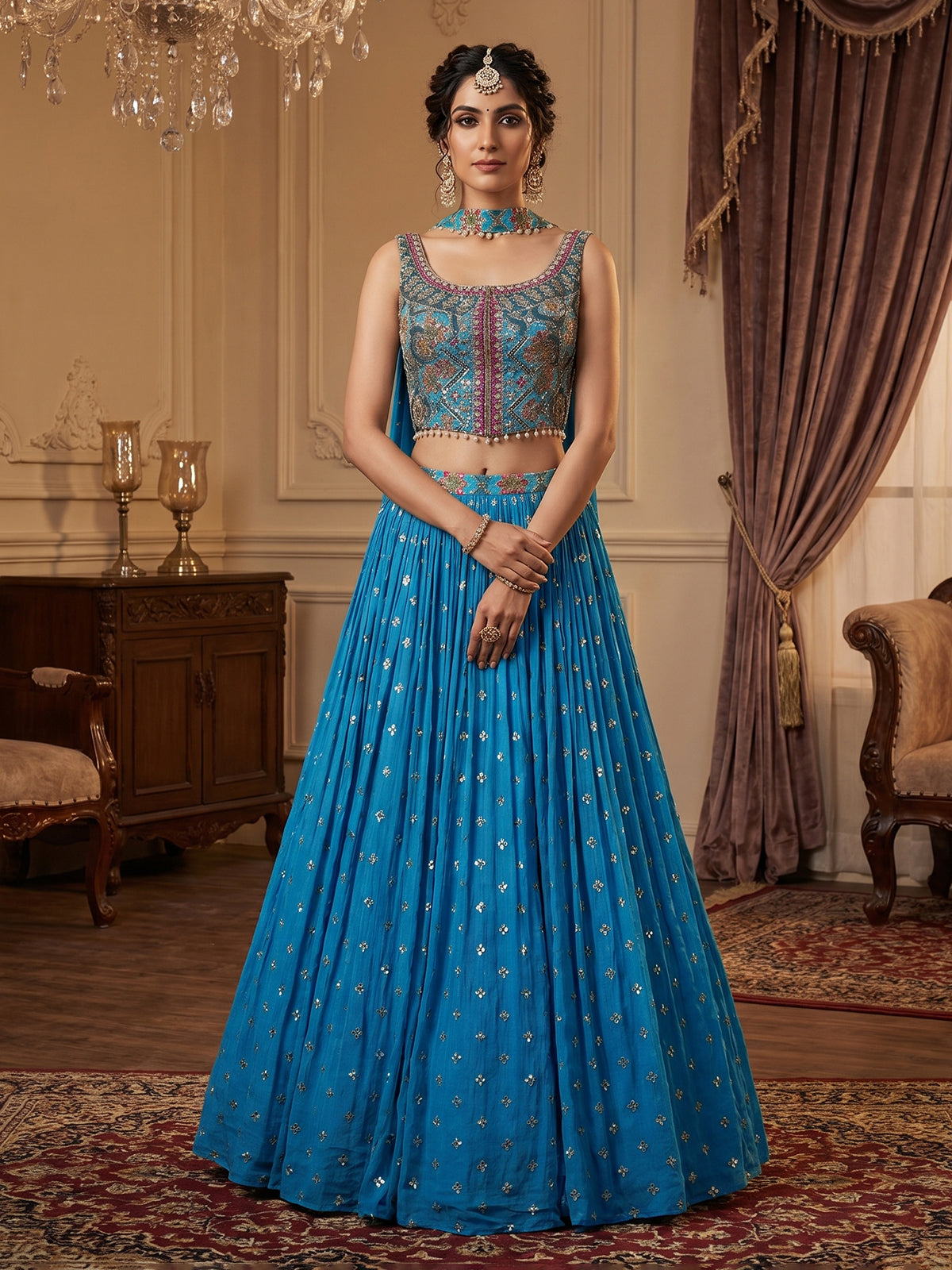 Aqua blue chiffon mirror work lehenga choli