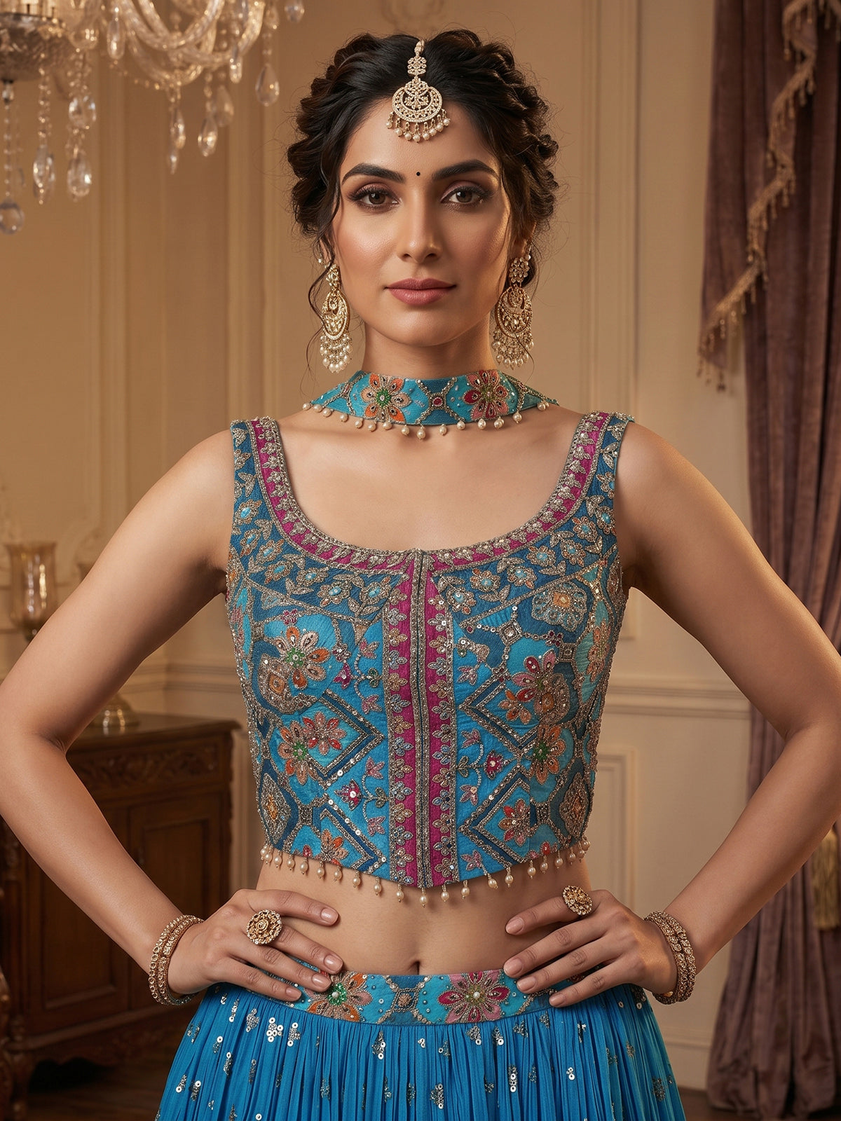 Aqua blue chiffon mirror work lehenga choli