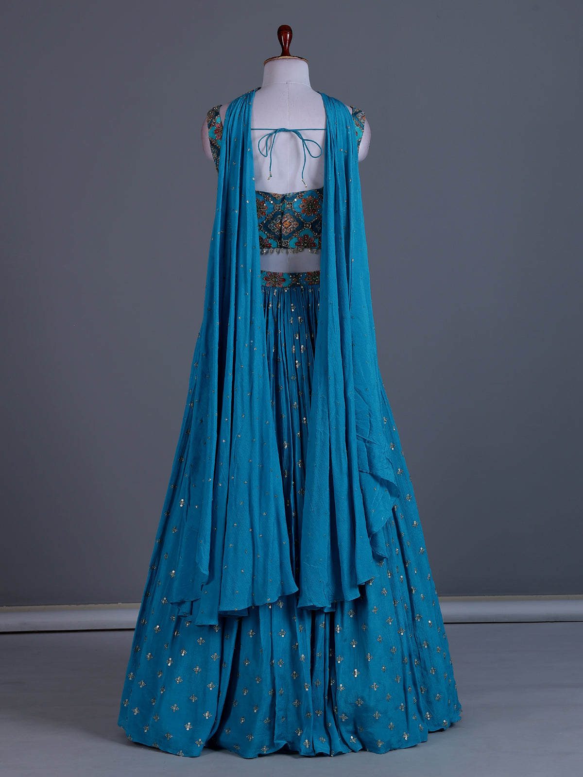 Aqua blue chiffon mirror work lehenga choli