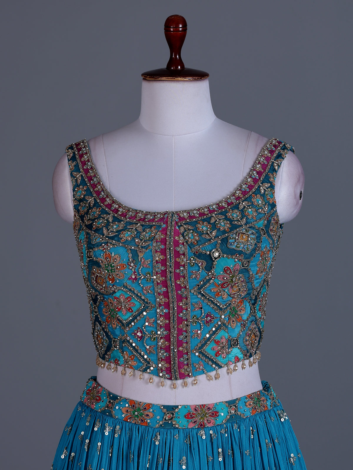 Aqua blue chiffon mirror work lehenga choli
