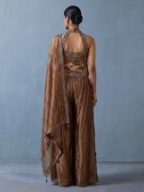 Brown tissue silk halter palazzo suit with dupatta