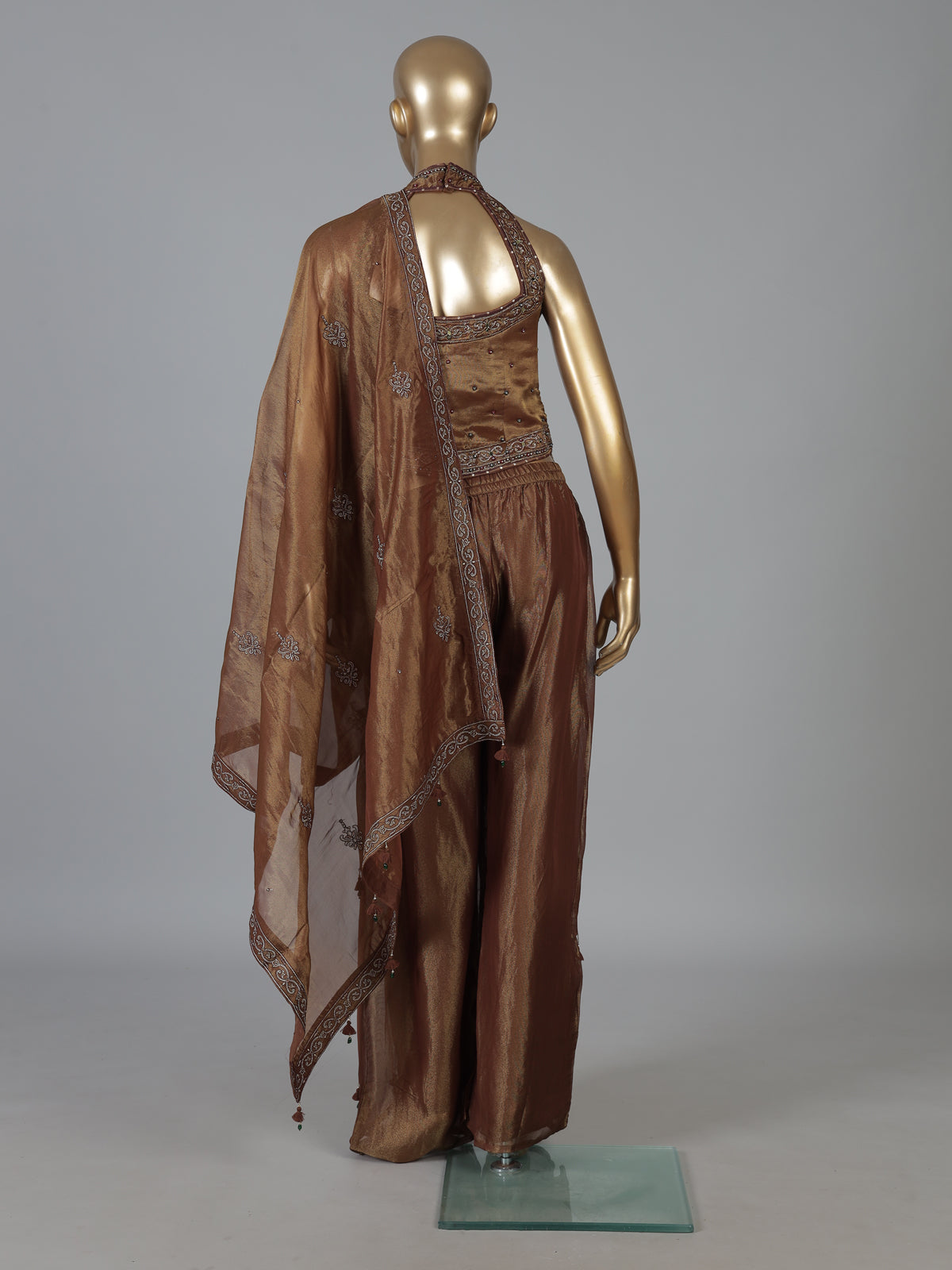 Brown tissue silk halter palazzo suit with dupatta