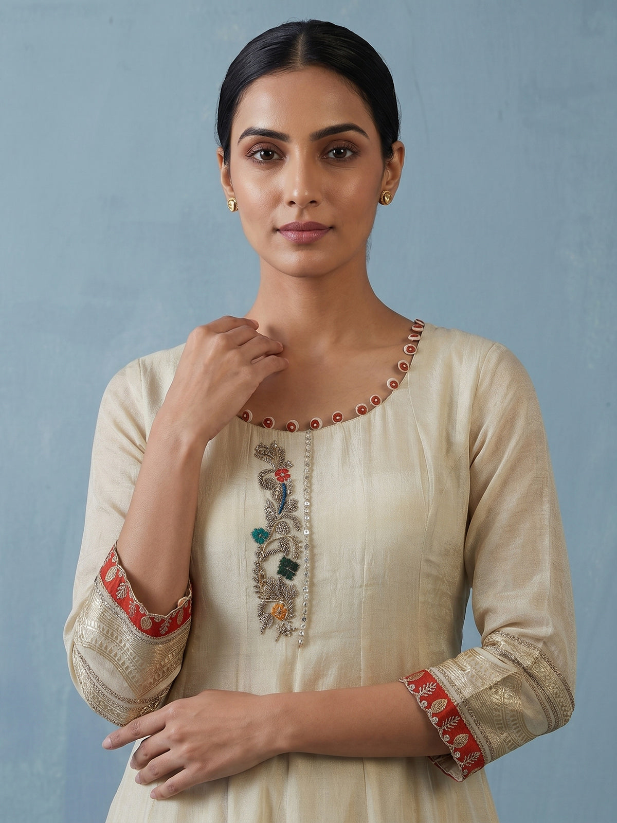 Cream tissue silk anarkali suit for wedding celebration