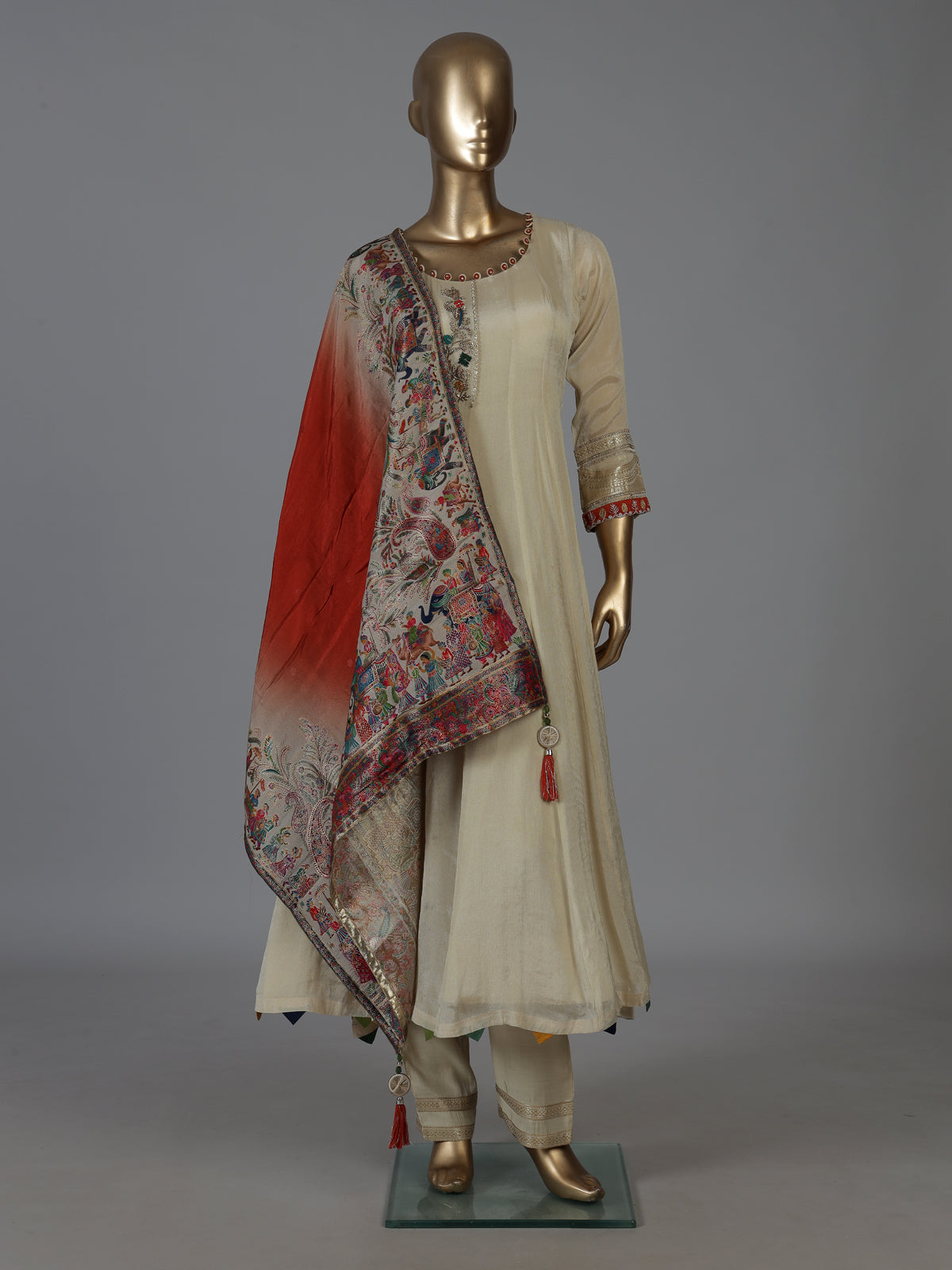 Cream tissue silk anarkali suit for wedding celebration