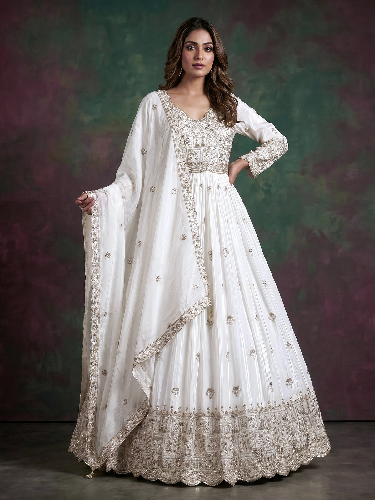 White silk embellished anarkali salwar suit for celebrations