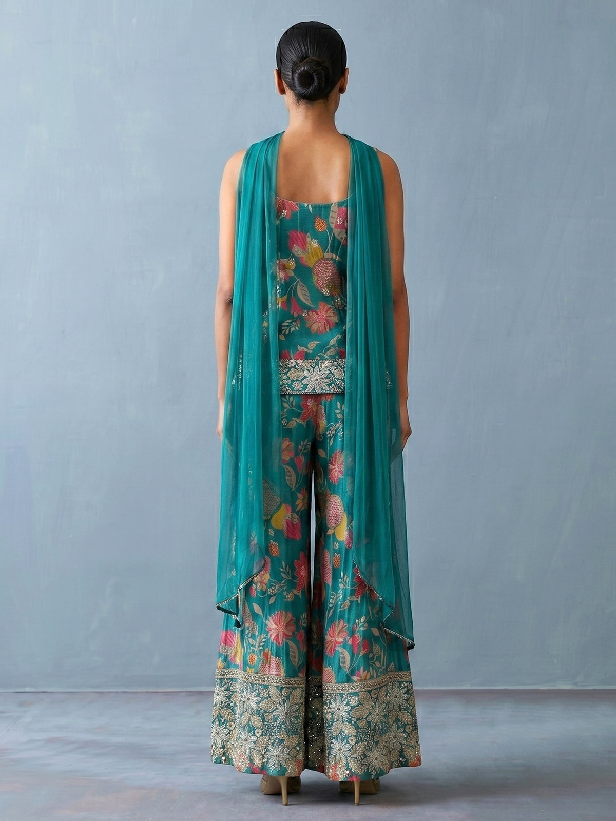 Firozi blue printed silk palazzo suit with dupatta