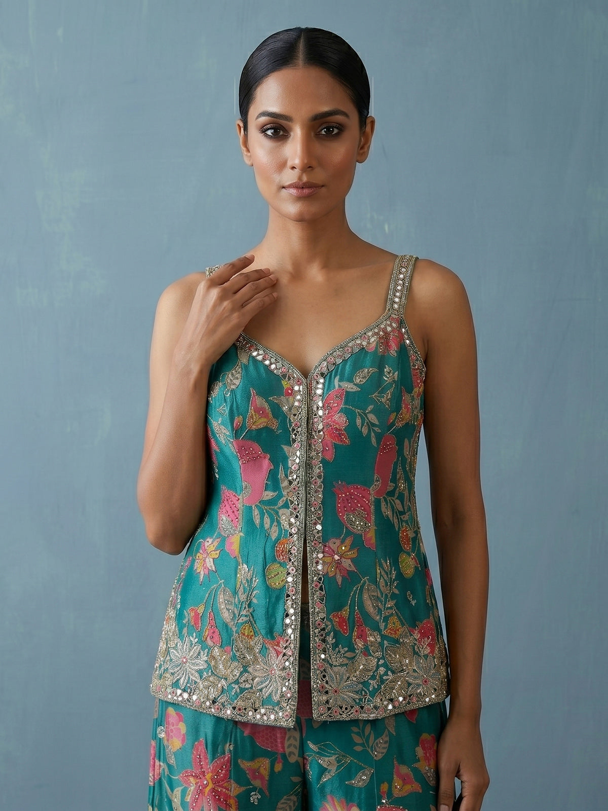 Firozi blue printed silk palazzo suit with dupatta