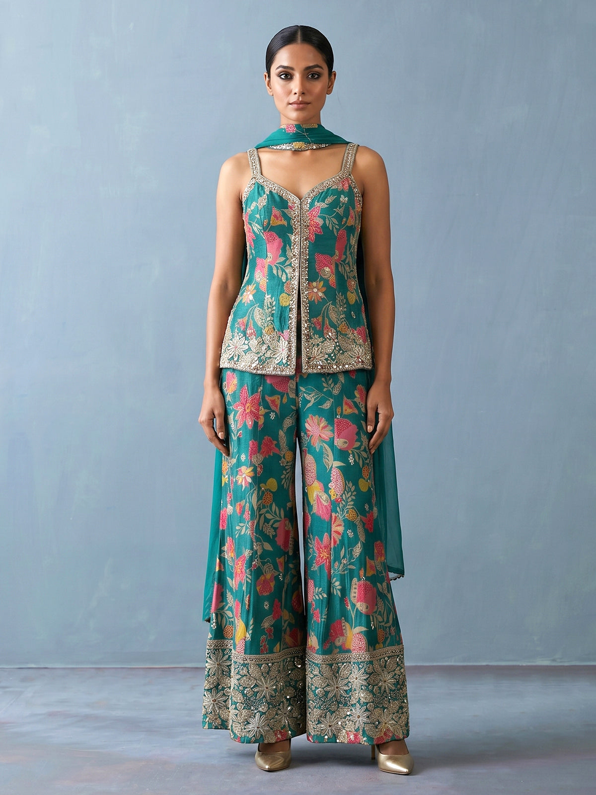 Firozi blue printed silk palazzo suit with dupatta