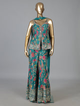 Firozi blue printed silk palazzo suit with dupatta