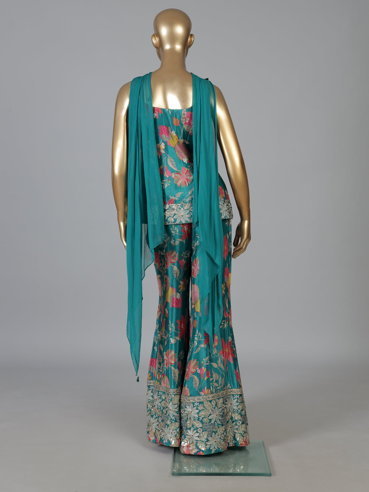 Firozi blue printed silk palazzo suit with dupatta