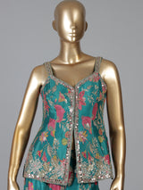 Firozi blue printed silk palazzo suit with dupatta