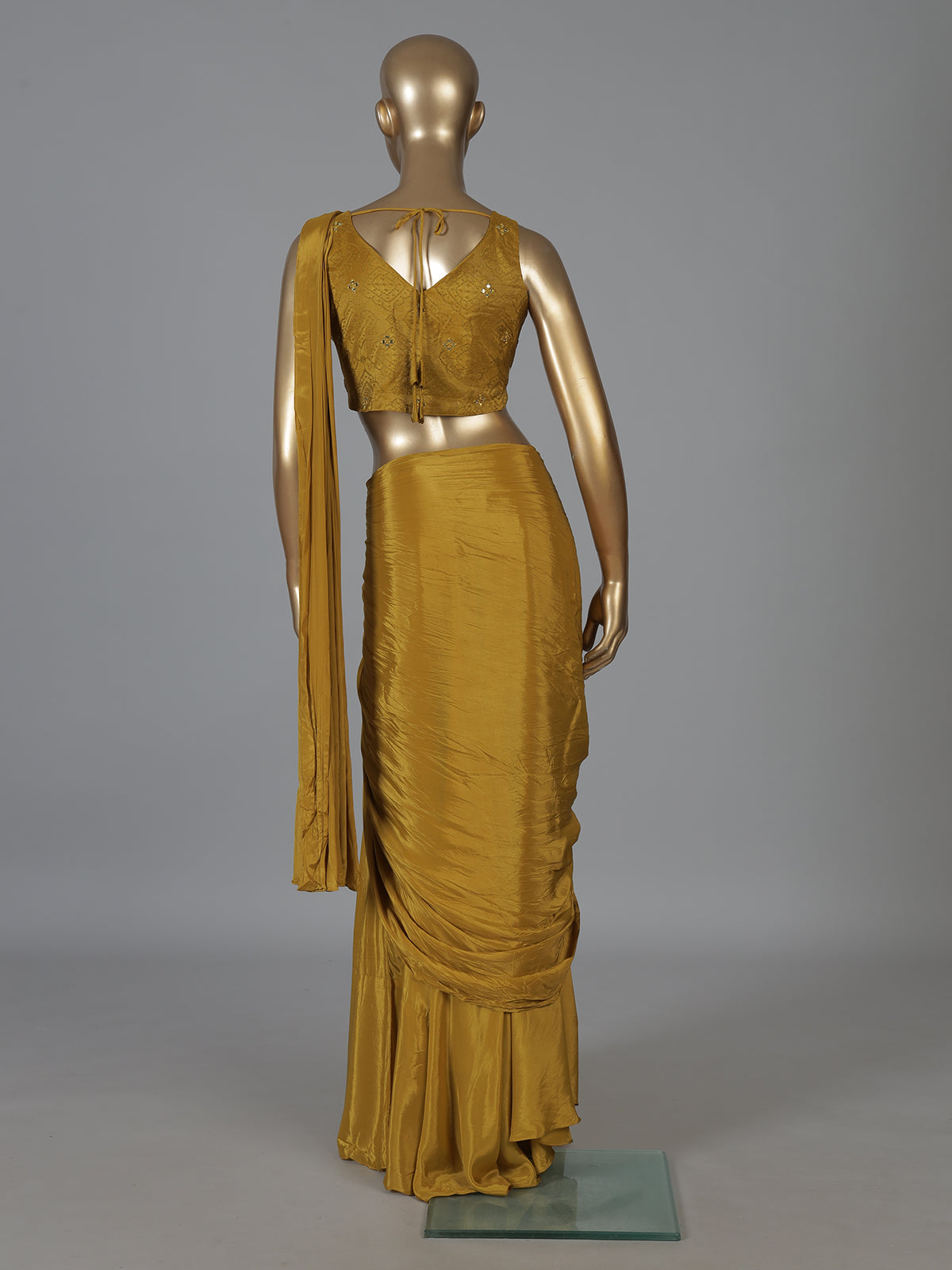Mustard yellow tissue silk designer saree with mirror work