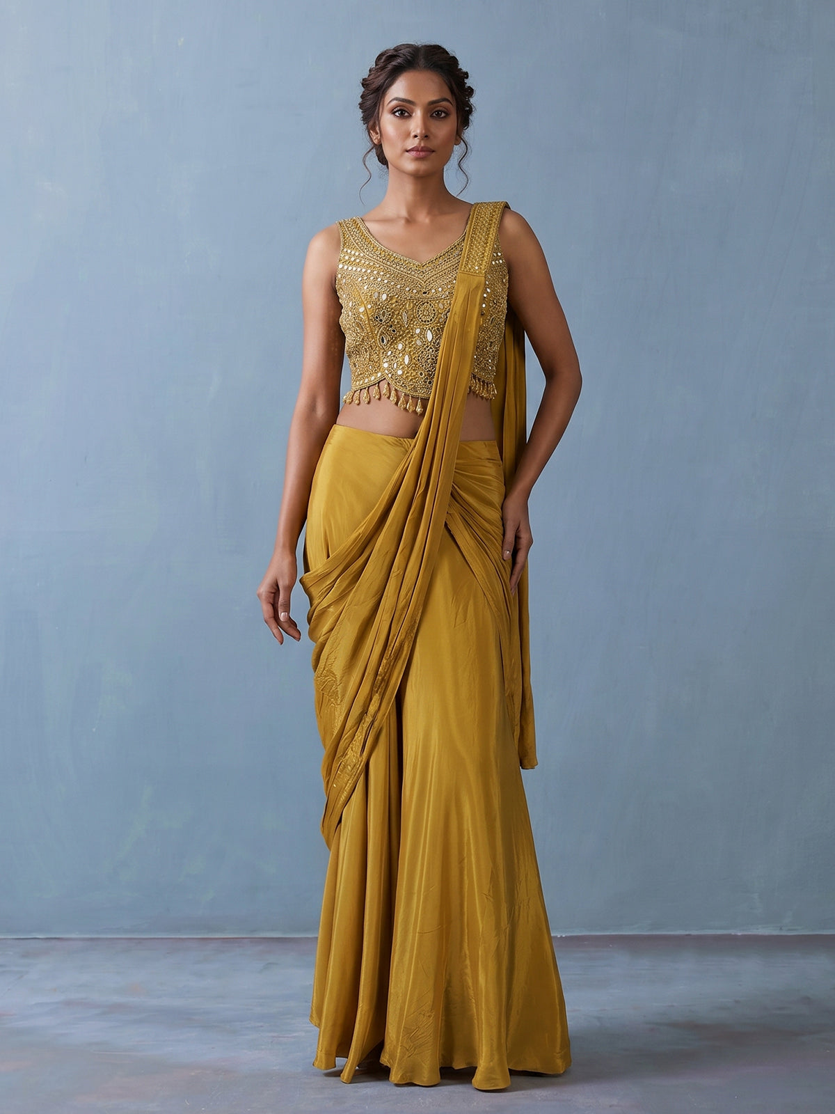 Mustard yellow tissue silk designer saree with mirror work