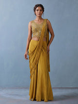 Mustard yellow tissue silk designer saree with mirror work