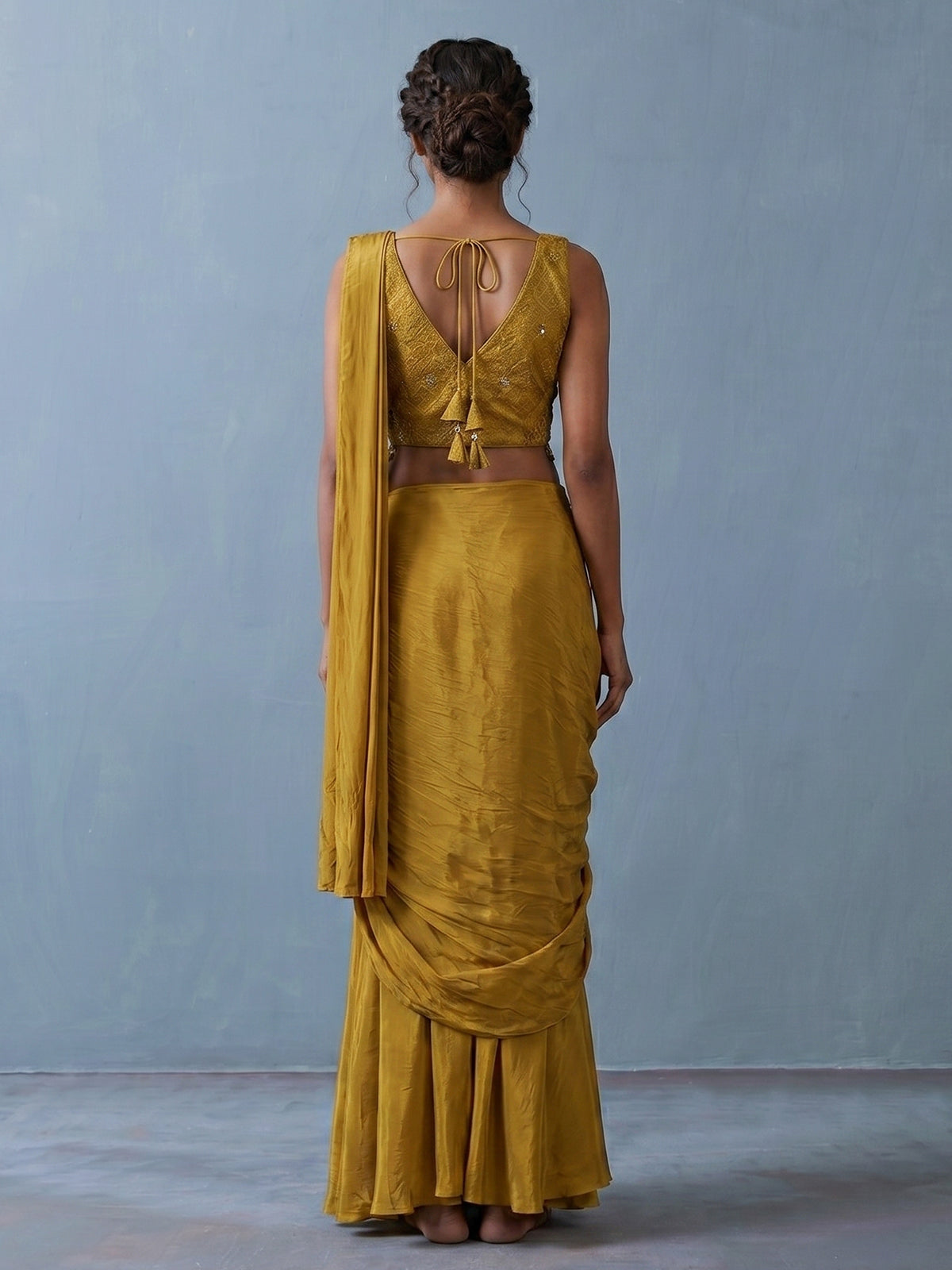 Mustard yellow tissue silk designer saree with mirror work
