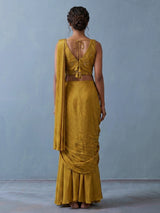 Mustard yellow tissue silk designer saree with mirror work
