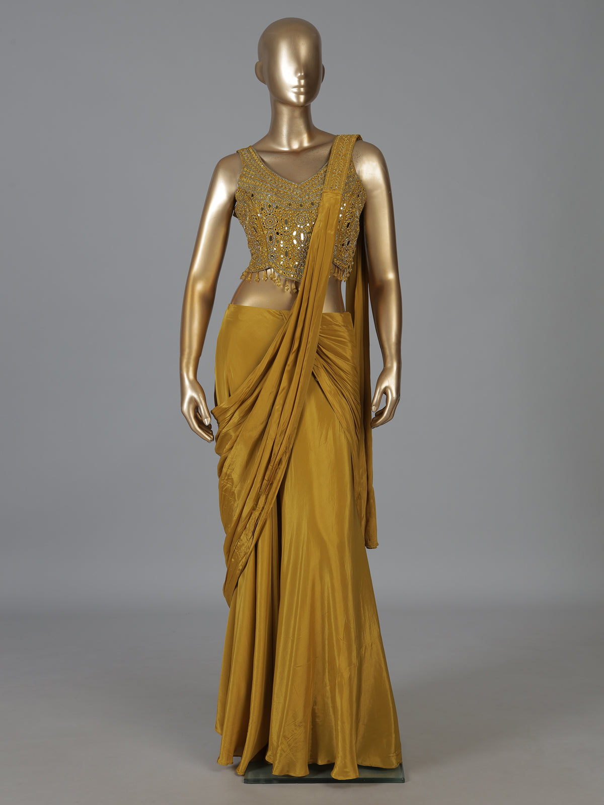 Mustard yellow tissue silk designer saree with mirror work