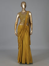 Mustard yellow tissue silk designer saree with mirror work