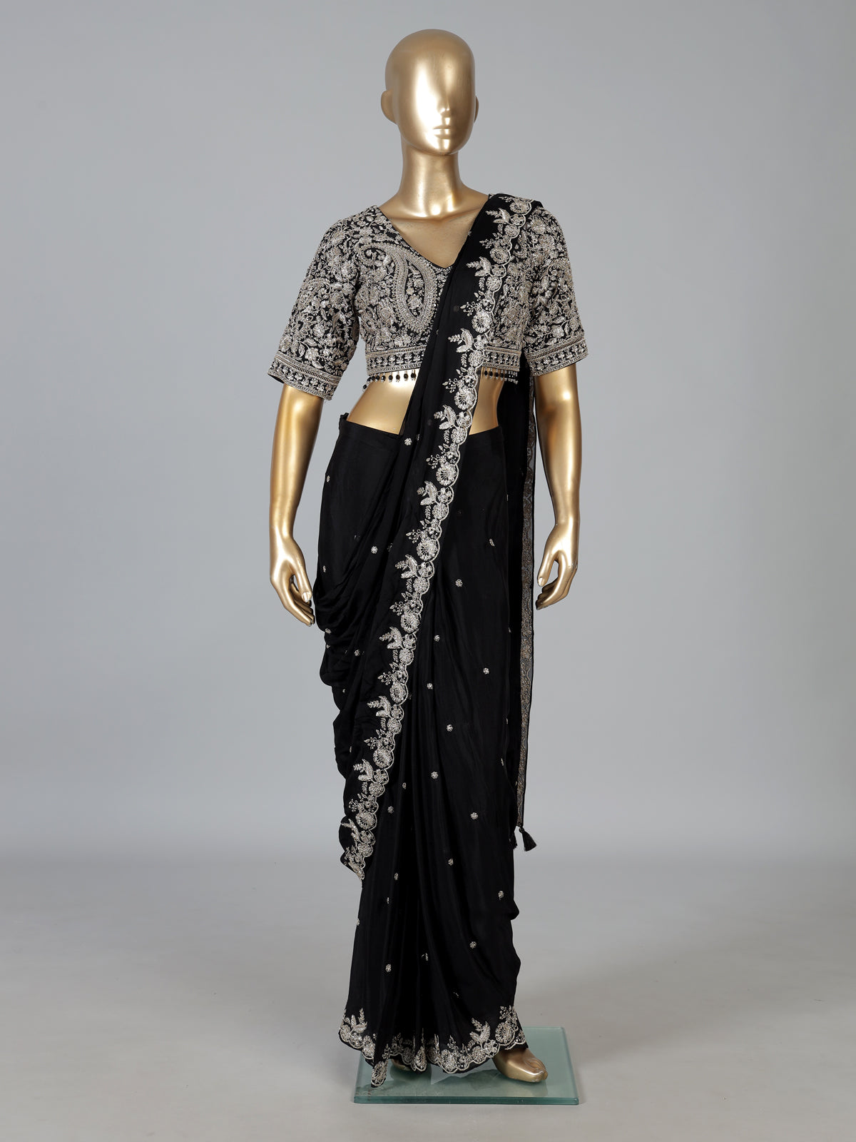 Black tissue silk designer saree with elegant embellishments