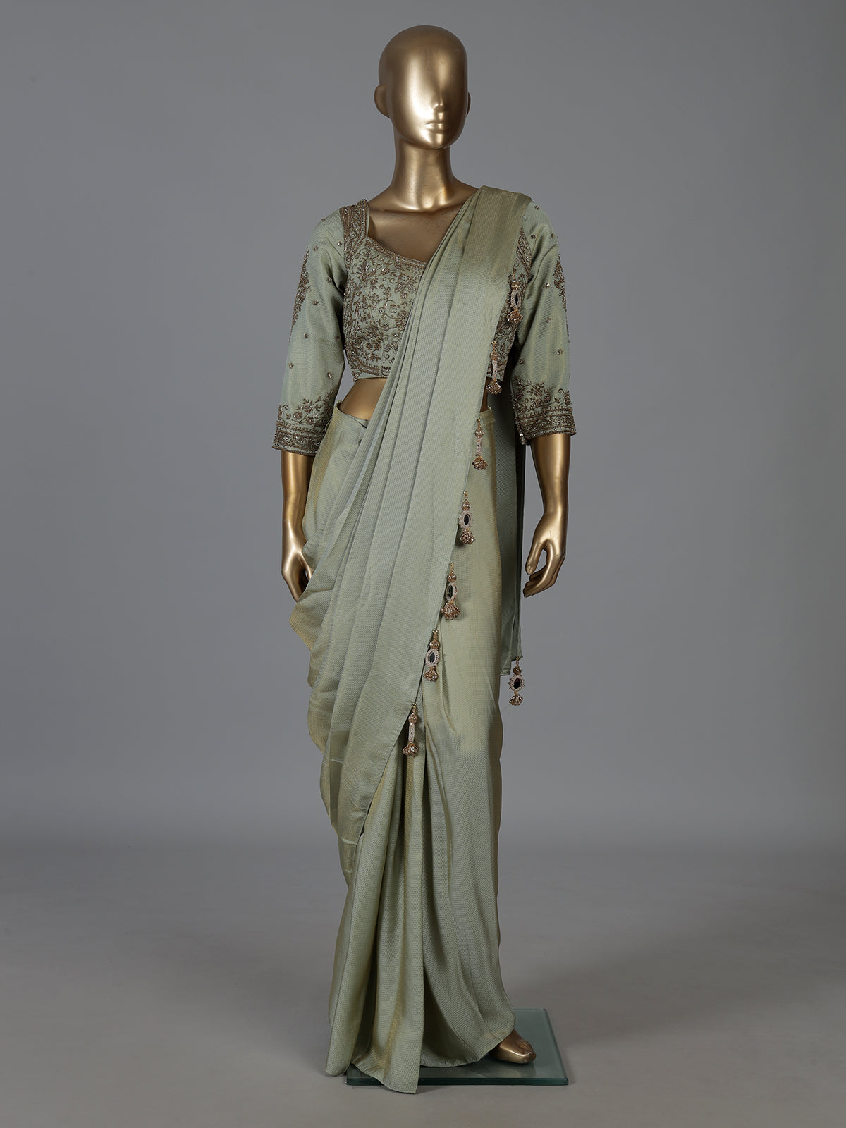 Pista green lycra designer ready to wear saree