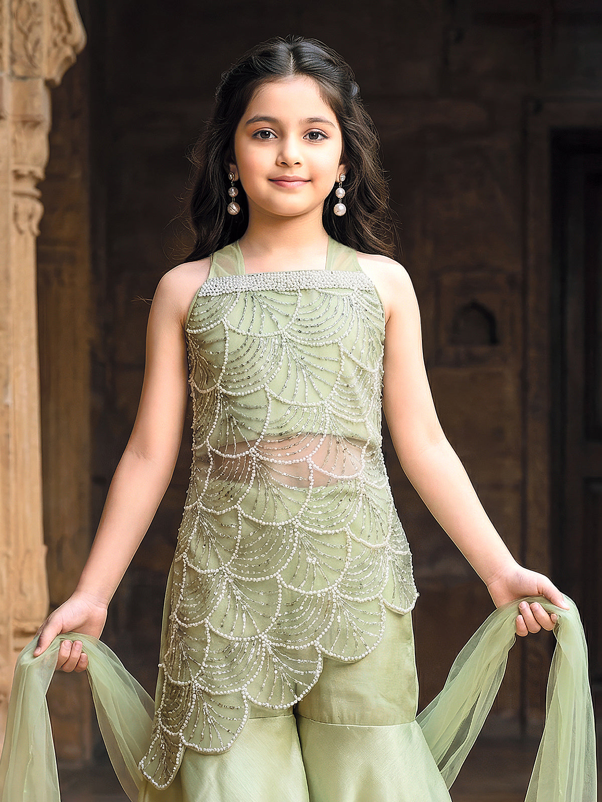Sage green asymmetrical fusion sharara set with dupatta