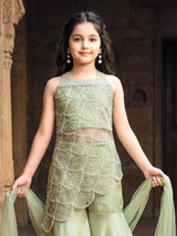 Sage green asymmetrical fusion sharara set with dupatta