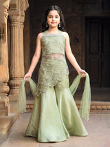 Sage green asymmetrical fusion sharara set with dupatta