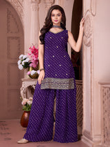 Purple bandhani printed georgette palazzo set with dupatta