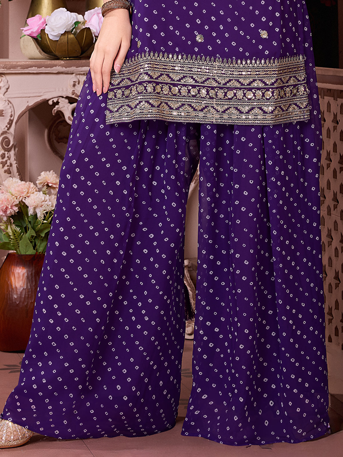 Purple bandhani printed georgette palazzo set with dupatta