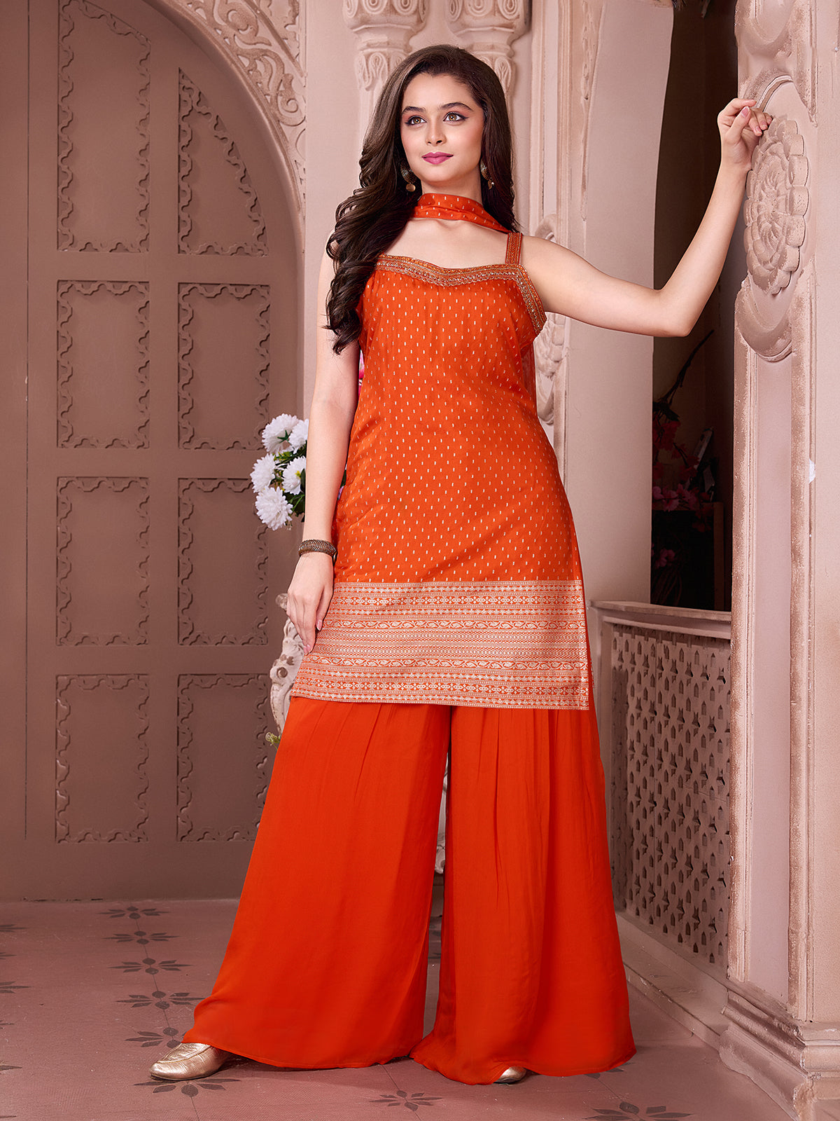 Orange cotton silk embroidered palazzo set with dupatta