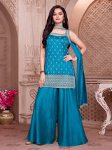 Blue crepe silk zardosi embellished palazzo set with dupatta