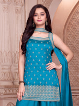 Blue crepe silk zardosi embellished palazzo set with dupatta