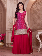 Red printed silk embroidered palazzo set with dupatta