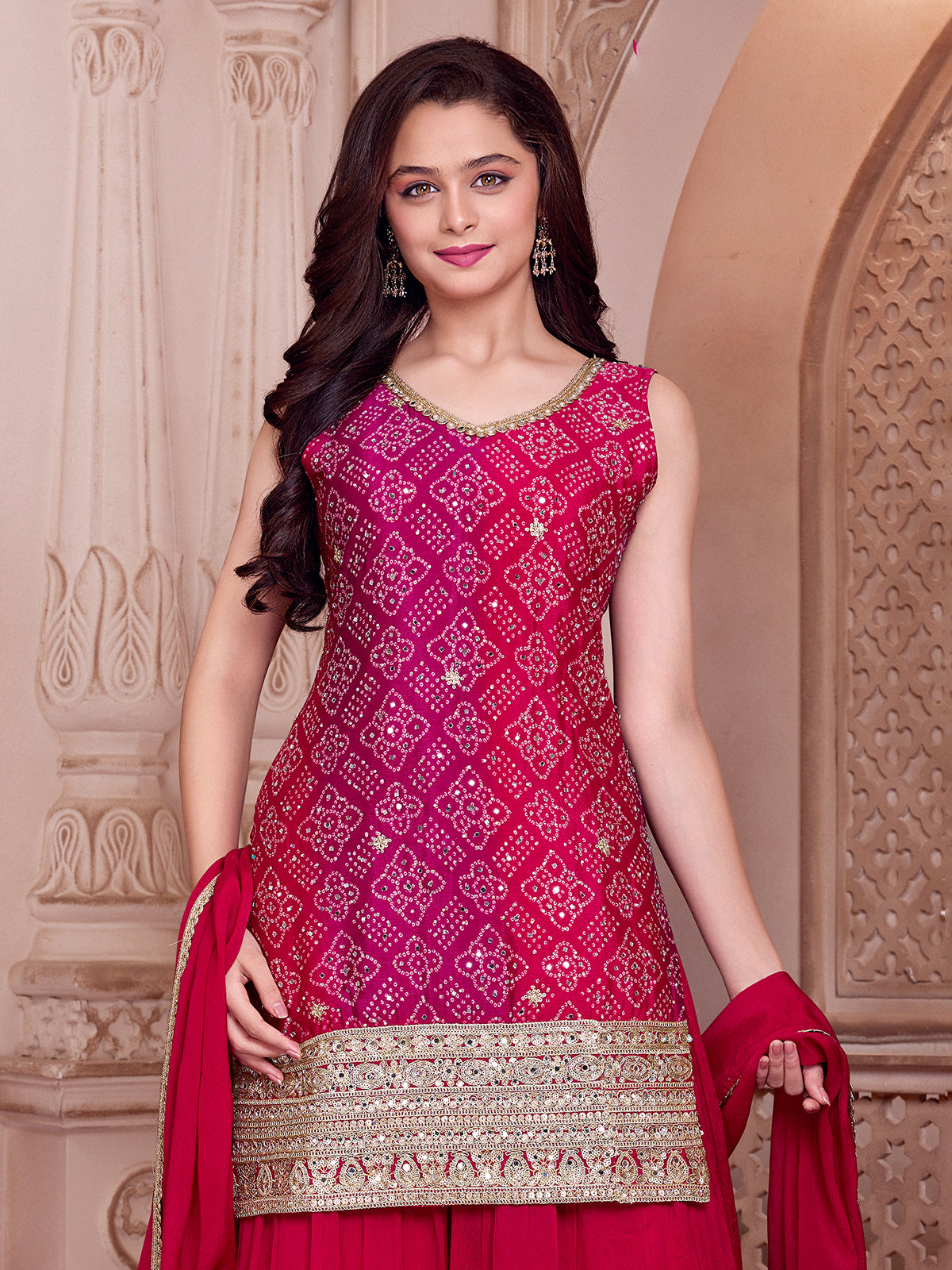 Red printed silk embroidered palazzo set with dupatta