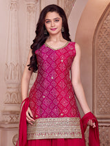 Red printed silk embroidered palazzo set with dupatta