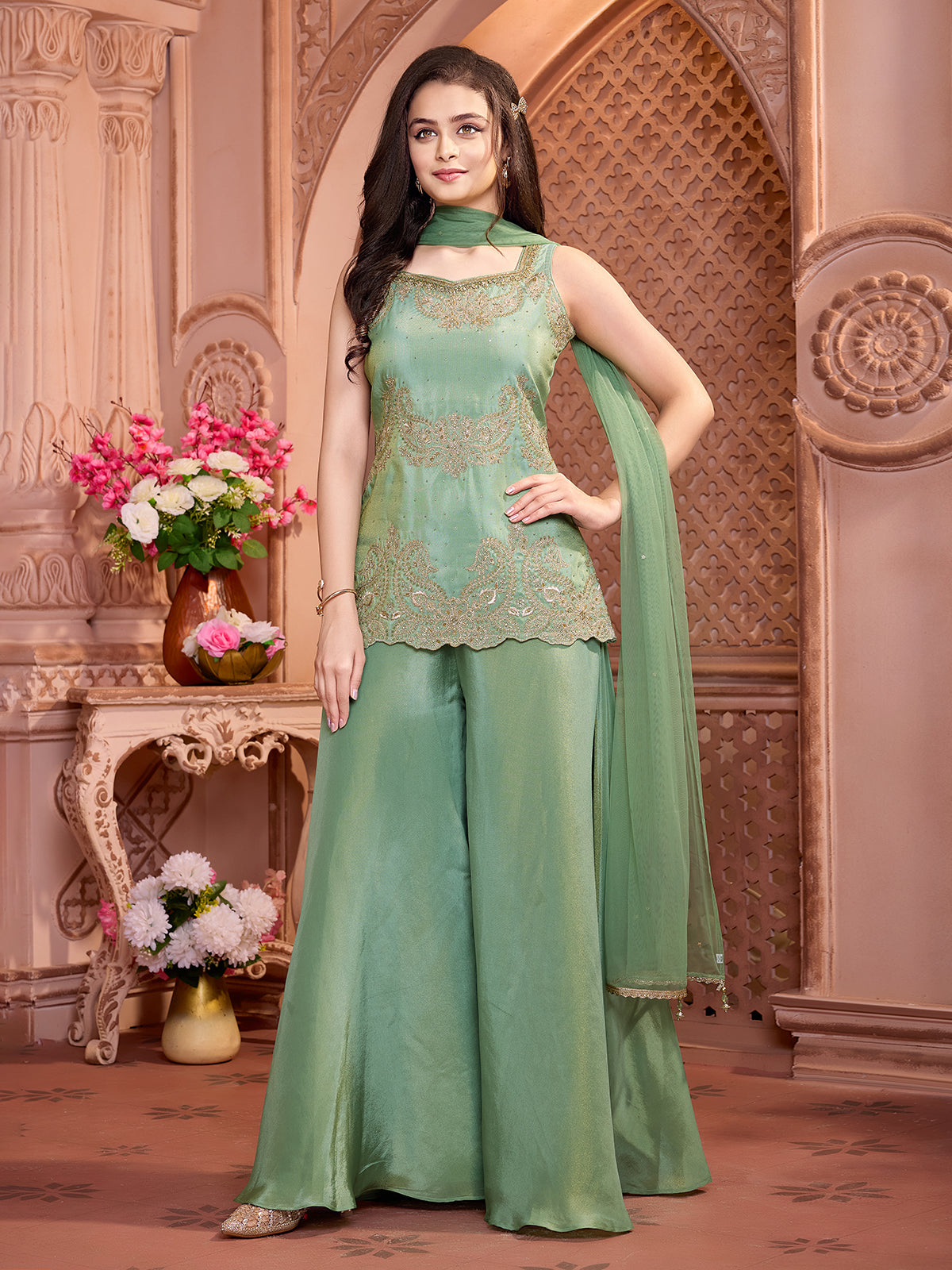 Pista green shimmer silk embellished palazzo set with dupatta