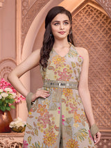 Grey crepe silk floral printed palazzo set with dupatta