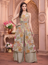 Grey crepe silk floral printed palazzo set with dupatta