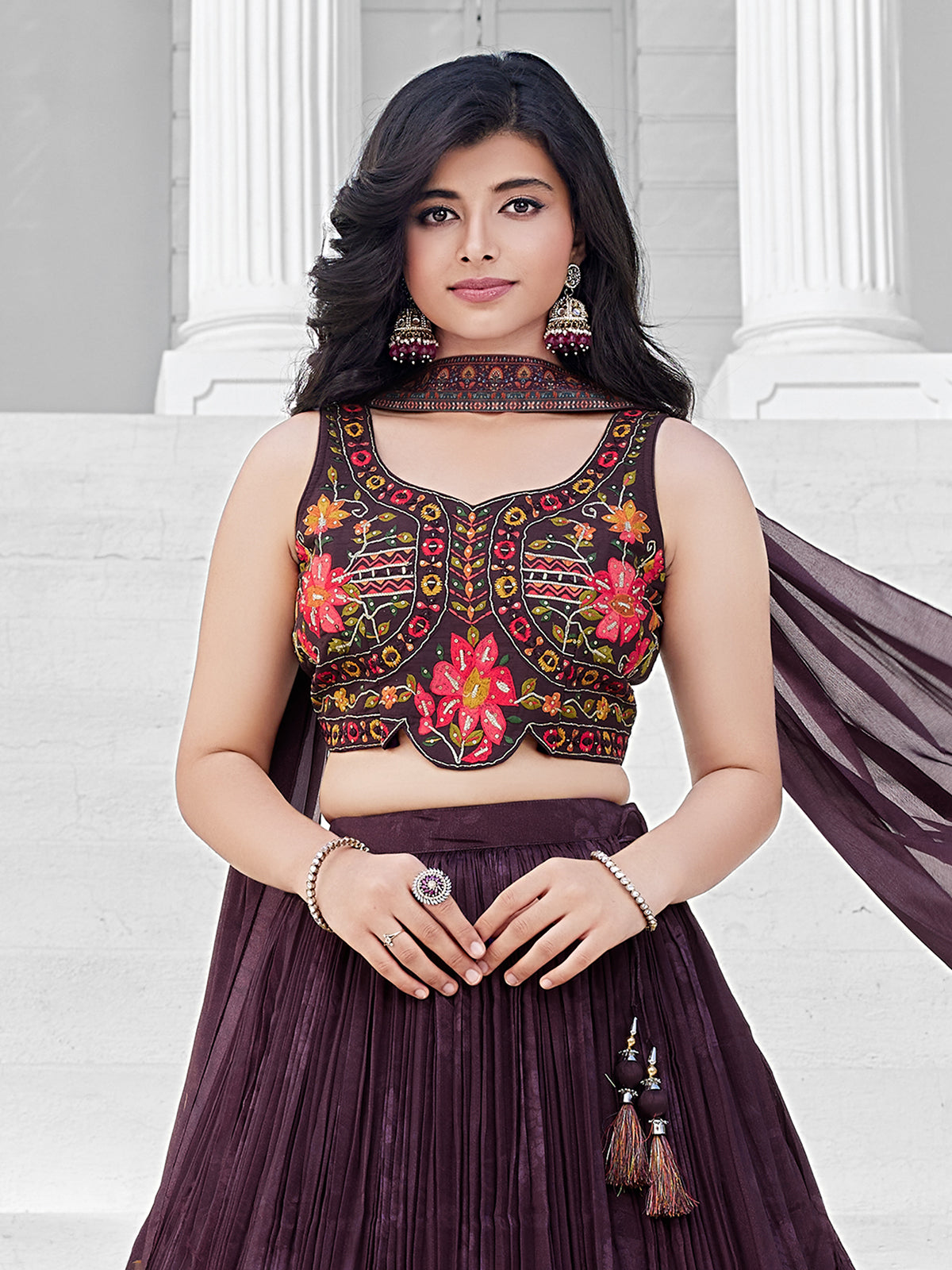 Wine embellished georgette silk lehenga choli