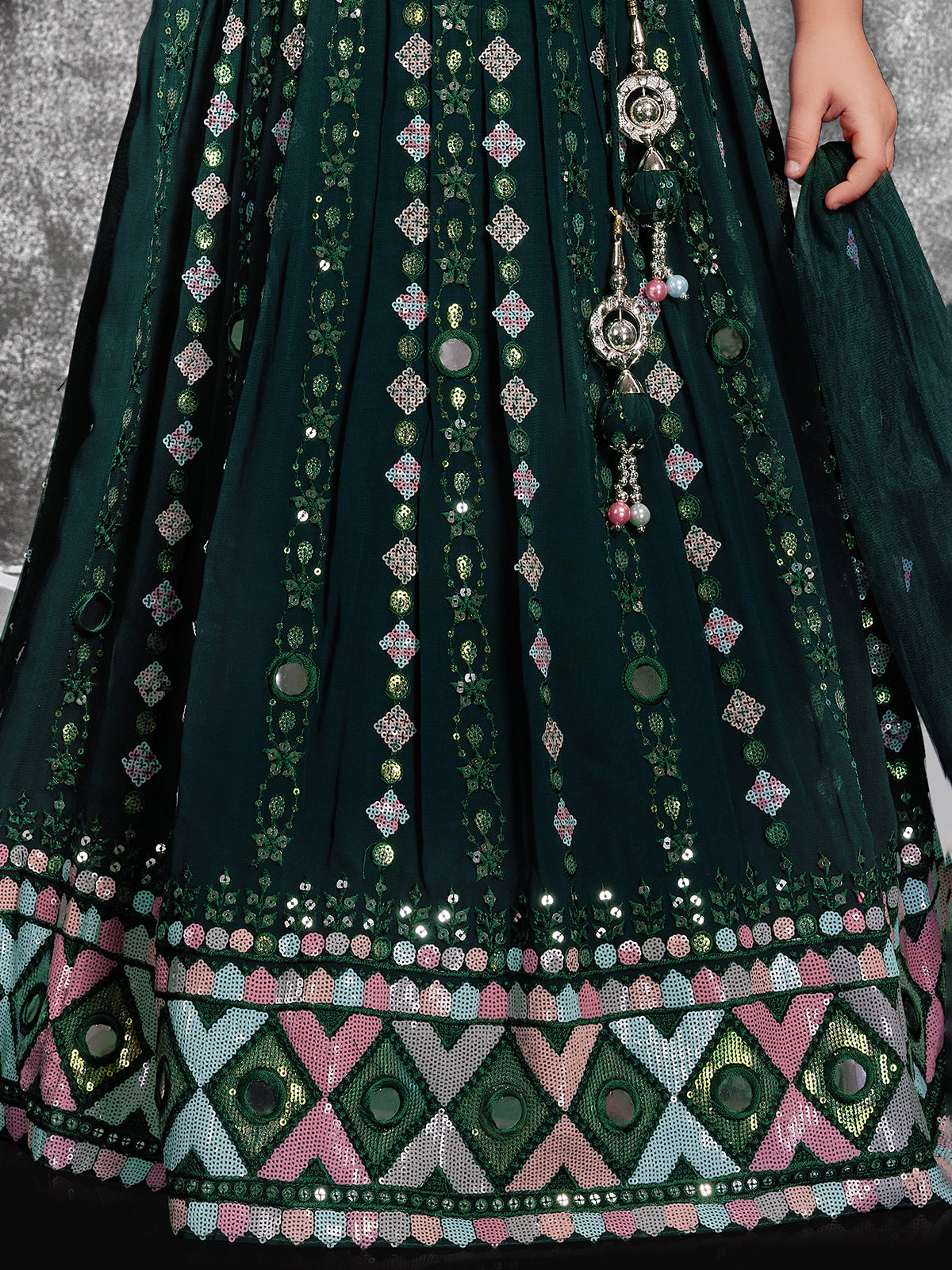 Dark green mirror work lehenga choli with dupatta