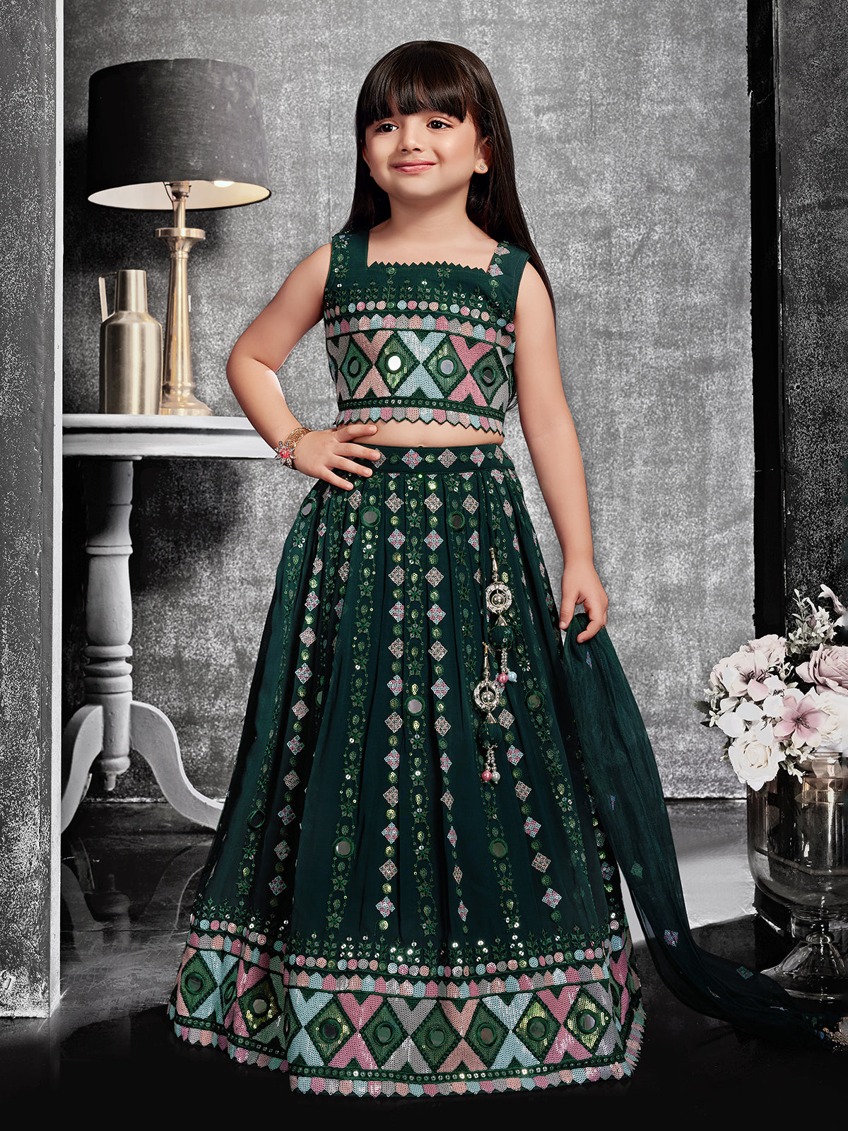 Dark green mirror work lehenga choli with dupatta