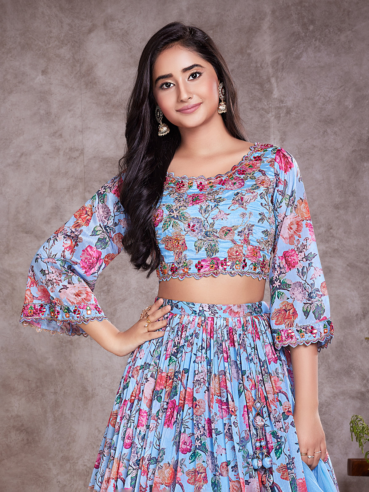 Blue floral printed georgette silk lehenga choli
