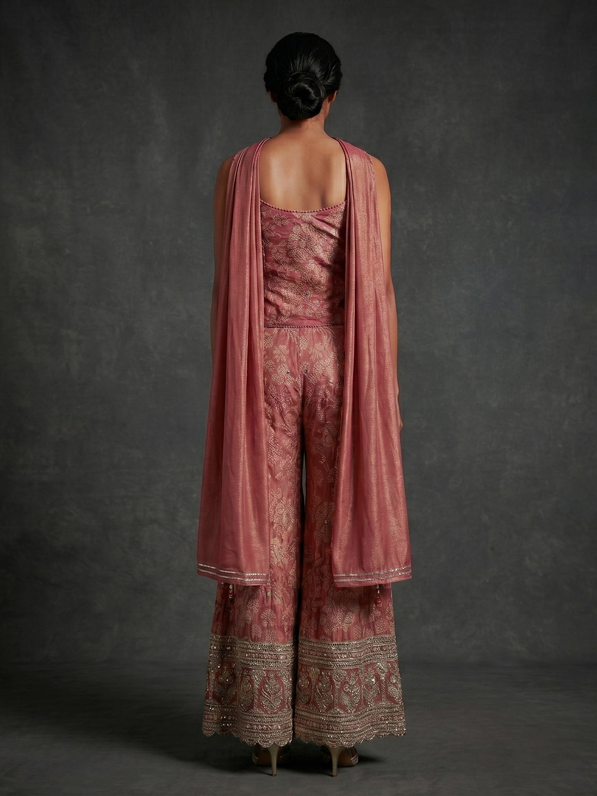 Onion pink floral designer palazzo suit with dupatta