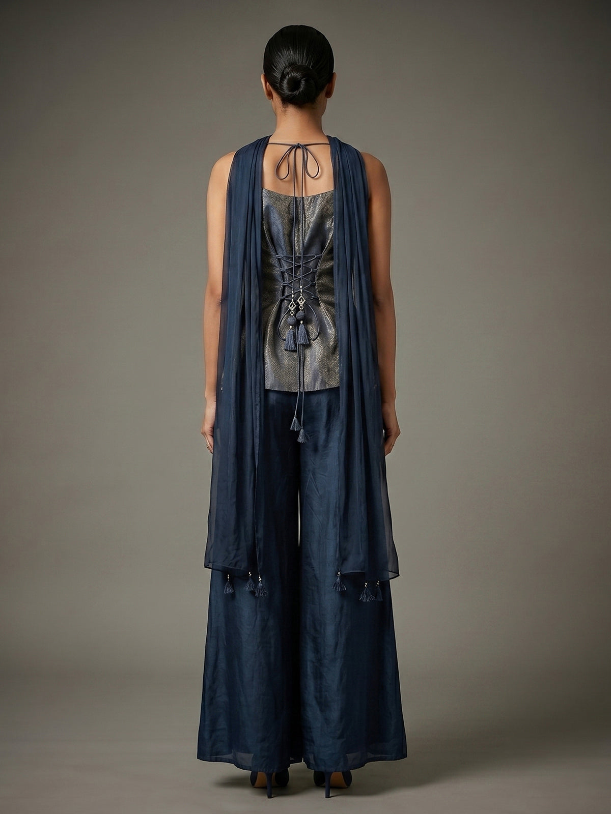 Pastel blue silk embellished palazzo suit with dupatta