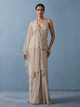 Beige satin silk indowestern designer suit with dupatta