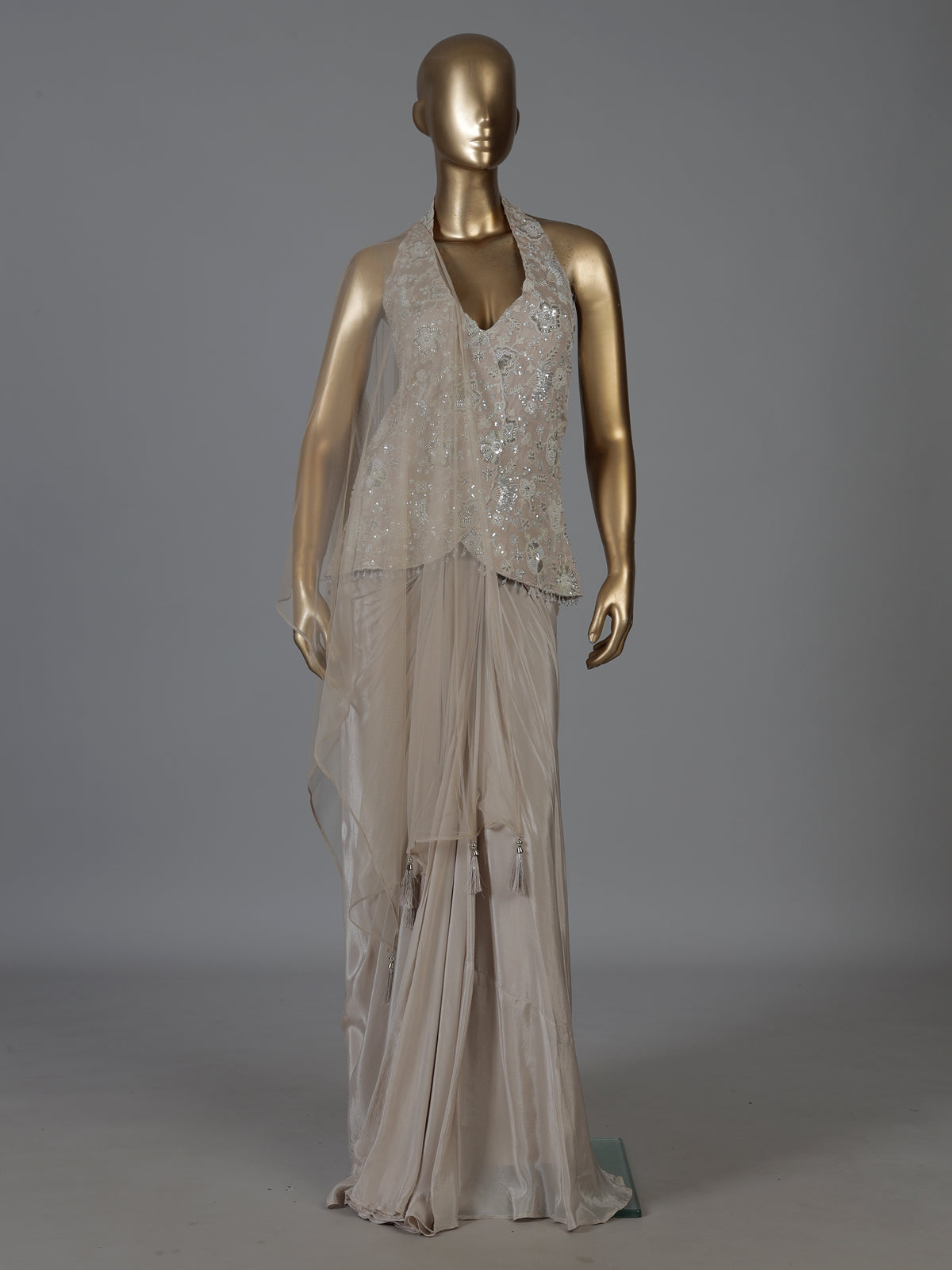 Beige satin silk indowestern designer suit with dupatta