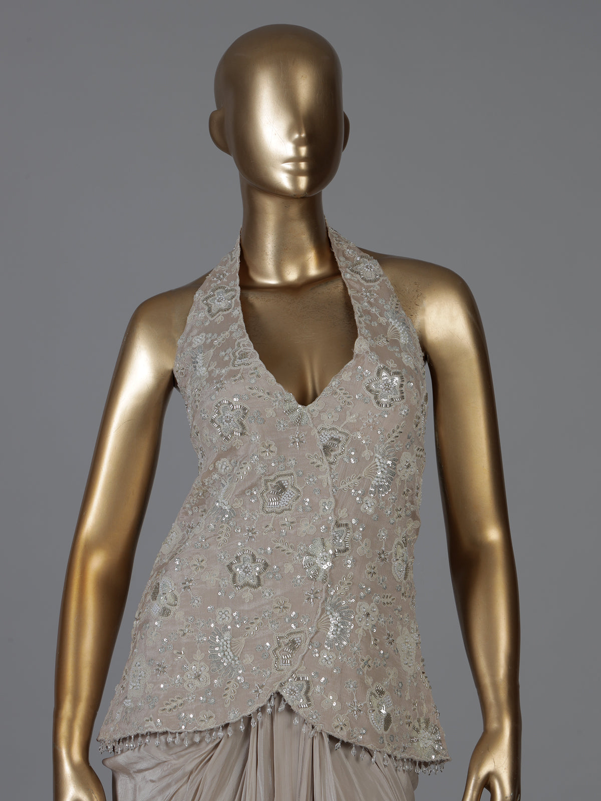 Beige satin silk indowestern designer suit with dupatta