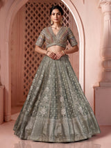 Pastel grey banarasi silk embellished lehenga choli