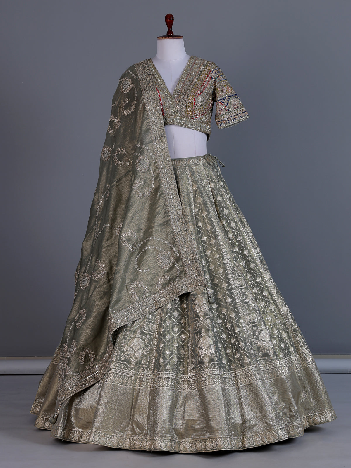 Pastel grey banarasi silk embellished lehenga choli