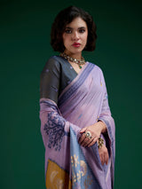 Light purple jamdani cotton saree with artistic border